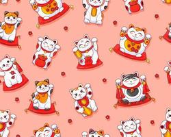 Cute Maneki Neko Japanese cat seamless pattern. Symbol of luck and wealth. Suitable for printing on paper and fabric. Vector cartoon background.