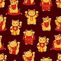 Golden cute Japanese cats of Good luck Maneki Neko seamless pattern. For printing on paper and fabric. Symbol  wealth. Vector cartoon background.