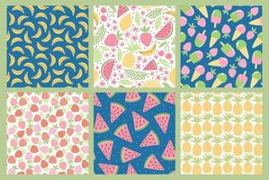 Set of seamless patterns with colorful fruits and sweets for textile design. Summer background in bright colors. Hand-drawn trendy vector illustrations.