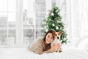 Merry lovely woman with cute dog, embraces pet and expresses love, dressed in winter sweater, pose together at comfortable bed in white spacious room, decorated firtree behind for festive mood photo