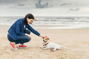 Dog and woman on seashore photo