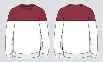 Two tone Red and White Color Long sleeve Sweatshirt technical fashion Flat Sketch drawing vector illustration template For men's. Apparel design mockup