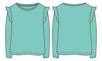 Long Sleeve T shirt Tops Technical fashion flat sketch vector Green color template for baby girls