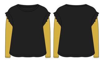 camiseta de manga larga tops moda técnica boceto plano ilustración vectorial plantilla de color negro para niñas vector