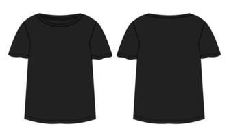 T shirt tops technical fashion flat sketch vector black color template for ladies and baby girls