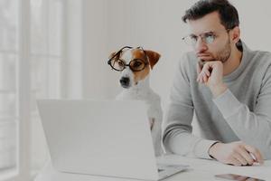 Serious concentrated male freelancer poses in coworking space together with jack russell terrier dog, surf internet, prepare business project together, work from home, wear glasses, read information photo