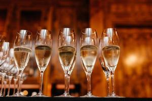 Horizontal shot of glasses with white wine or champagne in row against blurred background. Drink concept. Alcoholic beverage
