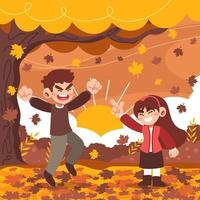 hermanos y hermanas jugando en otoño vector