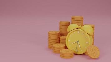 despertador de timbre antiguo con monedas apiladas, el tiempo es concepto de dinero. concepto de ingresos comerciales, ganancias y ahorros financieros, gestión presupuestaria, dinero rápido. ilustración de representación 3d. foto