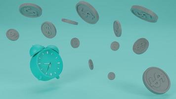 despertador de timbre vintage con monedas voladoras, el tiempo es concepto de dinero. concepto de ingresos comerciales, ganancias y ahorros financieros, gestión presupuestaria, dinero rápido. ilustración de representación 3d. foto