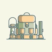 ilustración de mochila, linterna y lámpara de queroseno vector