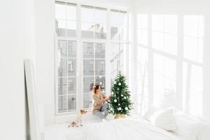 feliz joven morena y animal doméstico decoran el árbol de año nuevo en casa. acogedor interior doméstico en el dormitorio. decoración navideña de abeto. vacaciones de invierno, gente y concepto de celebración. foto