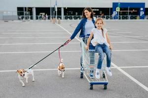 Happy mother, daughter and their pets return from shopping centre, carry cart, pose outdoor, have delighted expressions, enjoy togetherness, have friendly relationships, buy something. Family concept. photo