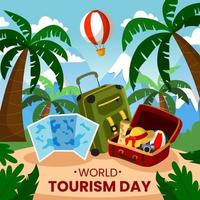 celebración del día mundial del turismo con elementos esenciales de viaje y mochila vector