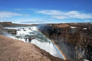 Scenic cascades of Gullfoss waterfall in Golden Circle against blue sky photo