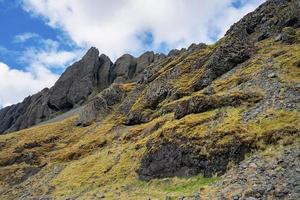 Scenic view of rock formations on mountain against blue cloudy sky photo