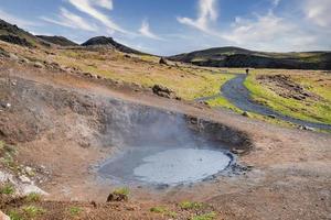 High angle view of geothermal mud spot amidst landscape in Hveragerdi valley photo