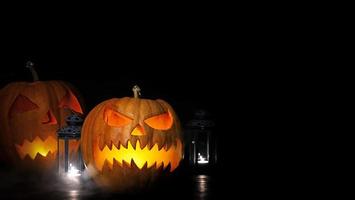 Halloween background with pumpkin head lantern and candles. Halloween pumpkin Jack-o-Lantern photo