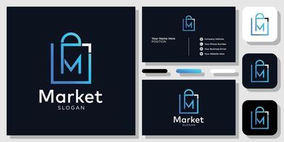 Market symbol initial bag shopping store with business card template vector