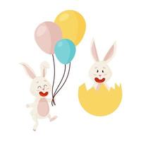 dos felices conejos de pascua con globos y caparazón roto vector