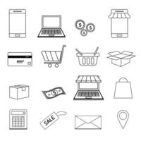 conjunto de 16 comercios electrónicos. iconos en el teléfono inteligente para la ilustración shopping.vector en línea. vector