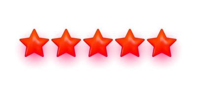 Five stars, glossy red color. Realistic 3d design of the object. Vector illustration