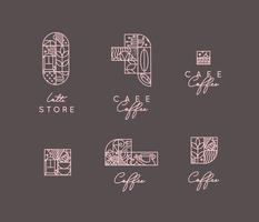 Set of creative modern art deco coffee symbols in flat line style drawing on brown background. vector