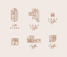 Set of creative modern art deco coffee symbols in flat line style drawing on beige background. vector