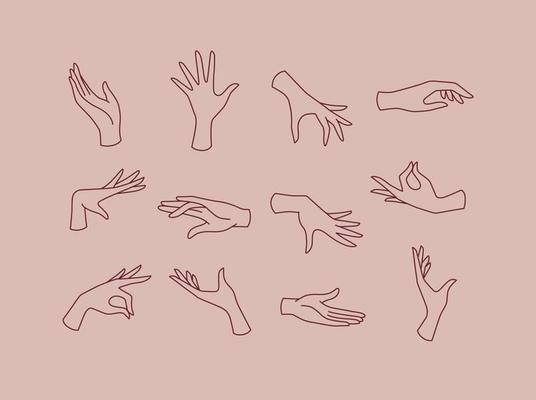 Hands icons drawing in flat style on pink brown background