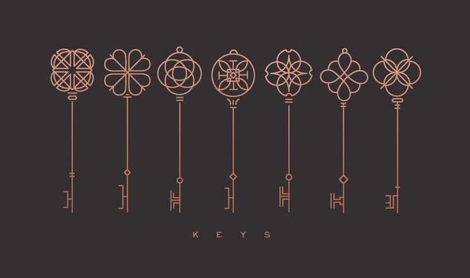 Set of key collection in modern line style drawing on bronze background.