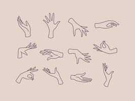 Hands icons drawing in flat style with black lines on beige background vector