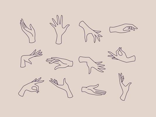 Hands icons drawing in flat style with black lines on beige background
