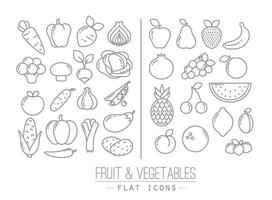 conjunto de iconos planos de frutas y verduras dibujando con líneas negras sobre fondo blanco vector