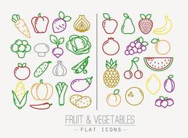 conjunto de iconos planos de frutas y verduras dibujando con líneas de color sobre fondo blanco vector