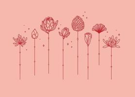 Flowers long stem drawing in art deco style on coral background vector