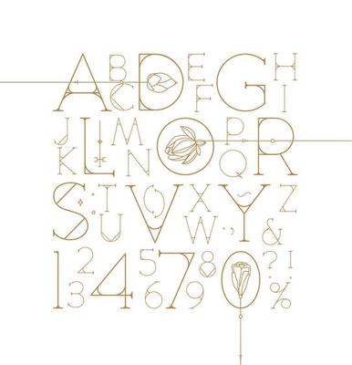 Art Deco alphabet with letters and numbers drawing on white background