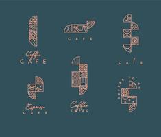 Set of creative modern art deco coffee elements in flat line style drawing on dark background. vector