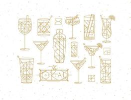 Art deco cocktails set drawing in gold line style on white background vector