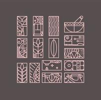 Set of creative modern art deco coffee signs in flat line style drawing on brown background.