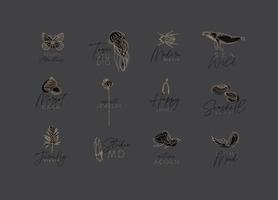 Flora and fauna Art Deco labels with lettering drawing on gray background vector