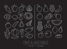 conjunto de iconos de frutas planas y dibujo de verduras con líneas blancas sobre fondo negro vector