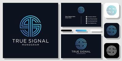 True Signal line initials capital wave internet circle shape with business card template vector