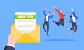 Job or university acceptance letter with envelope and paper sheets document email. vector