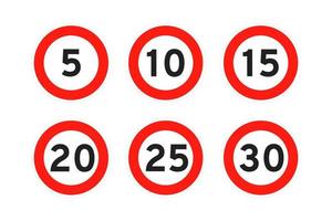 Speed limit 5,10,15,20,25,30 round road traffic icon sign flat style design vector illustration set.