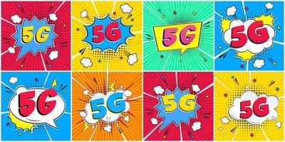 5G new wireless internet wifi connection comic style speech bubble exclamation text 5g flat style design vector illustration isolated on rays background set. New mobile internet sign icon.