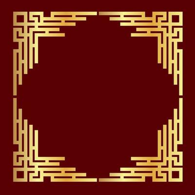 Traditional gold porcelain frame on red background. Vector flat illustration of chinese retro border, golden yellow antique decorative corner