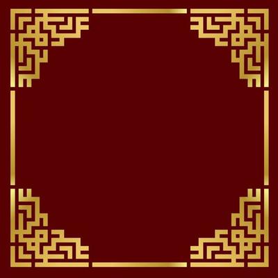 Traditional gold porcelain frame on red background. Vector flat illustration of chinese retro border, golden yellow antique decorative corner