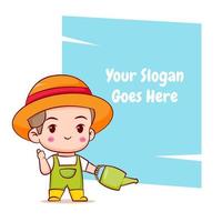 Cute farmer watering plant with bubble text. Chibi cartoon character. Vector art illustration