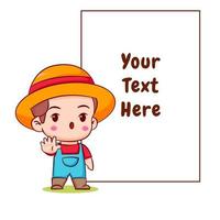 Cute farmer with stop hand sign and bubble text. Chibi cartoon character. Vector art illustration