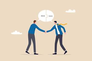 Success communicate, discussion or interview, achieve business agreement, solution or partnership deal, perfect match connection concept, businessmen handshake with connect speech bubble jigsaw. vector